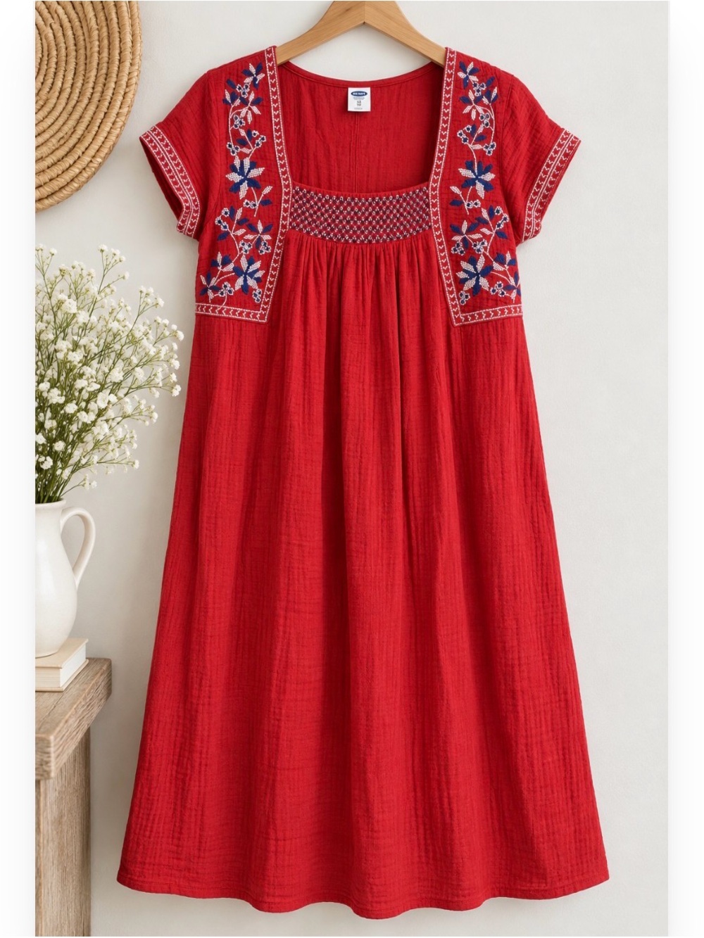 Old Navy Embroidered Cotton Gauze Midi Dress XS Red Boho Peasant